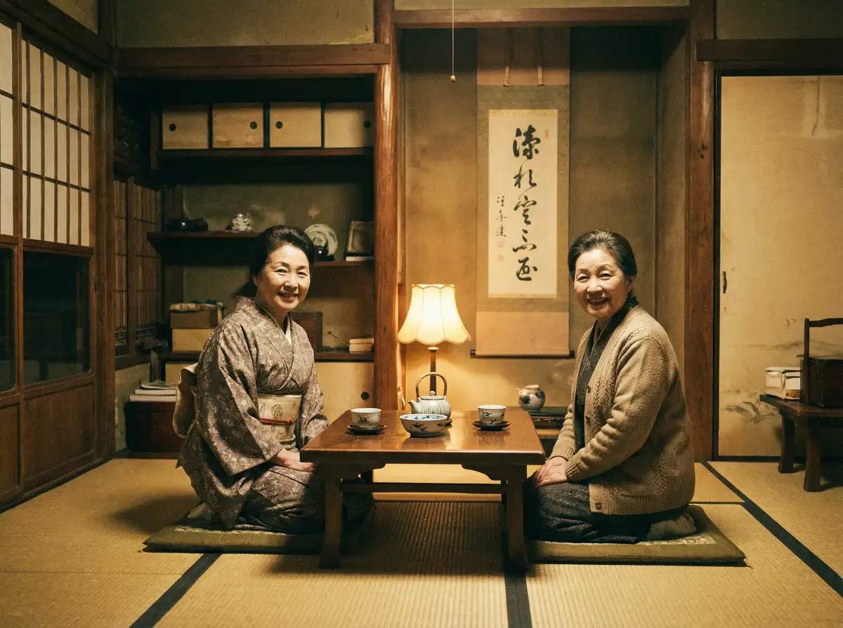 两位优雅的 天天体育网app 在日式茶室中品茶交谈